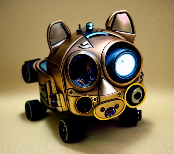 Prompt: futuristic steampunk ferret - shaped pet - robot, steampunk ferret - robot, borderlands - inspired ferret - shaped robot pet