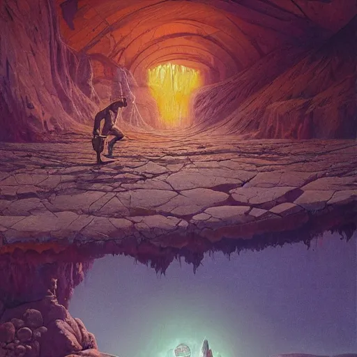 Prompt: A fresco painting of a nomadic wanderer traversing a corrupted futuristic crystal desert by Jacek Yurka, Kelly Freas, Filip Hodas, Paul Lehr, Dan Mumford, Max Ernst, Roger Dean, Caspar David Friedrich, Barclay Shaw, Jeffrey Smith, Dan McPharlin