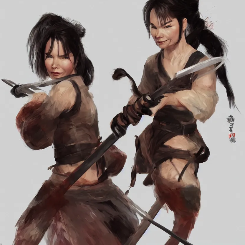 Image similar to bjork holding a katana, ponytail, highly detailed, digital painting, artstation, concept art, smooth, sharp focus, kunoichi, illustration