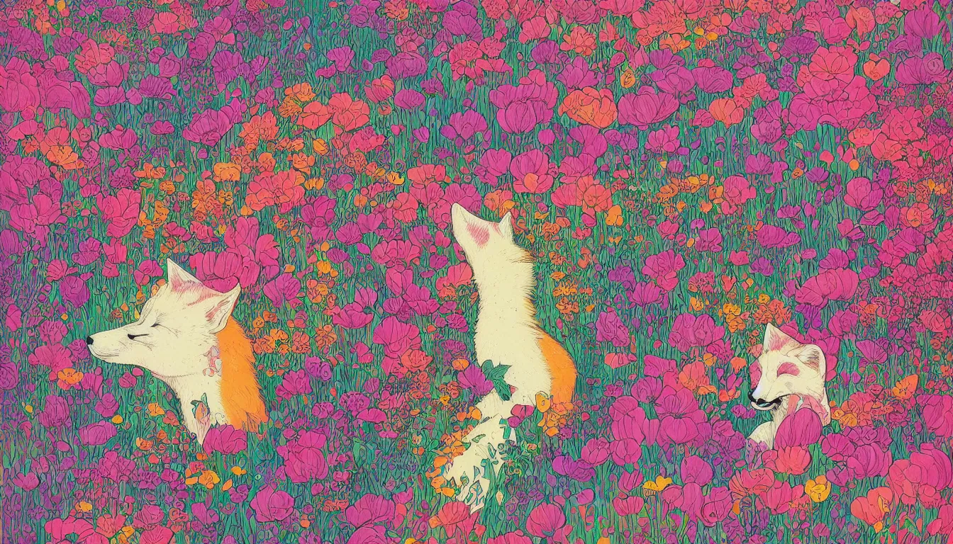 Image similar to pink fox head popping out of a field of multi colored flowers by kilian eng, victo ngai, josan gonzalez