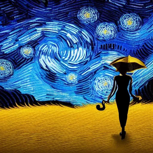 Image similar to silhouette of a flying girl with an umbrella in the style of starry nights. van gogh, cinematic composition. art station is on trend. beautiful lighting, super - detailed.