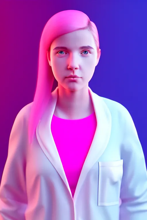 Prompt: portrait of an 1 8 year old girl made of pink bubblegum wearing a white lab coat, photorealistic, 3 d, octane render