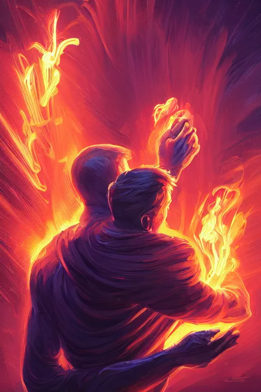 Image similar to the god prometheus handing a man a computer on fire, the fire is made of binary code, digital painting bioluminance alena aenami artworks in 4 k design by lois van baarle by sung choi by john kirby artgerm style pascal blanche and magali villeneuve