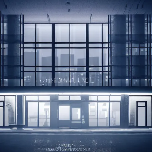 Prompt: modern high end designer restaurant at night in the foggy rain, symmetrical art deco office building with accent lighting, moody, epic composition, professional photograph, highly detailed, warm lighting interior, matte painting, large windows, dramatic lighting, unreal engine