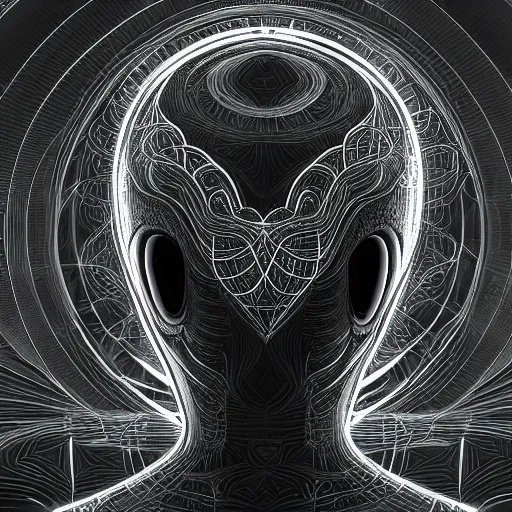 Image similar to holographic headset interface painted in alex grey and cameron gray style drawn by oku, inspired by ooioo, intricate 3 d sculpture, black and white, 3 d, high detail, sharp high detail, artstation, octane