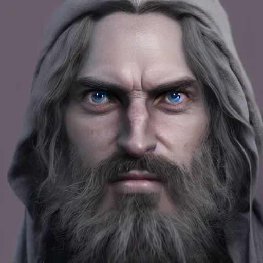 Image similar to a highly detailed portrait of a man without a beard, purple eyes, light gray long hair, wearing a black cloak, artstation, DeviantArt, professional, octane render