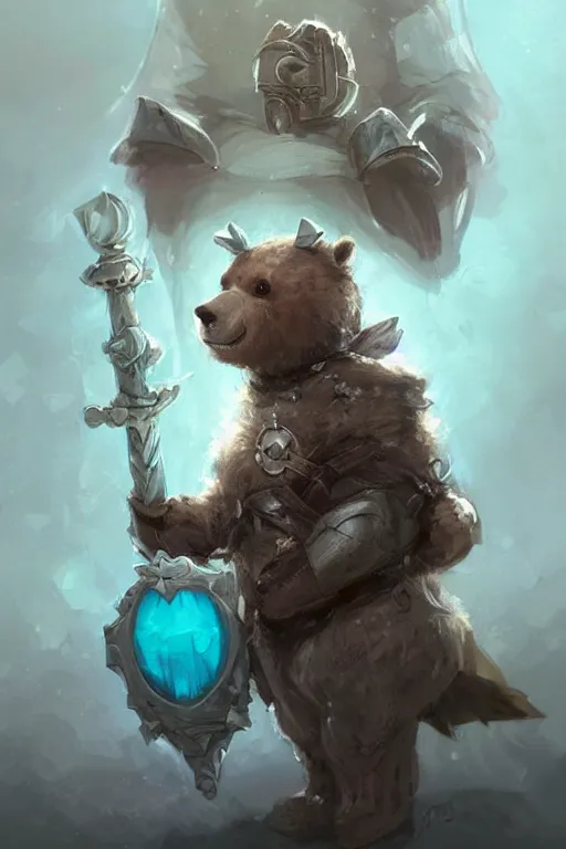 Image similar to cute little anthropomorphic bear knight wearing a cape and a crown, tiny, small, miniature bear, baby animal, short, pale blue armor, cute and adorable, pretty, beautiful, DnD character art portrait, matte fantasy painting, DeviantArt Artstation, by Jason Felix by Steve Argyle by Tyler Jacobson by Peter Mohrbacher, cinematic lighting