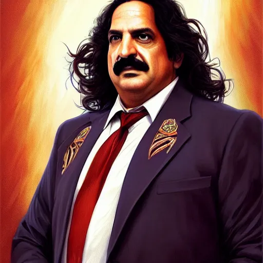 Image similar to handsome Ron Jeremy as President of United States of America as GTA character , western, fantasy, closeup, D&D, intricate, elegant, highly detailed, digital painting, artstation, concept art, matte, sharp focus, illustration, art by Artgerm and Greg Rutkowski and Alphonse Mucha