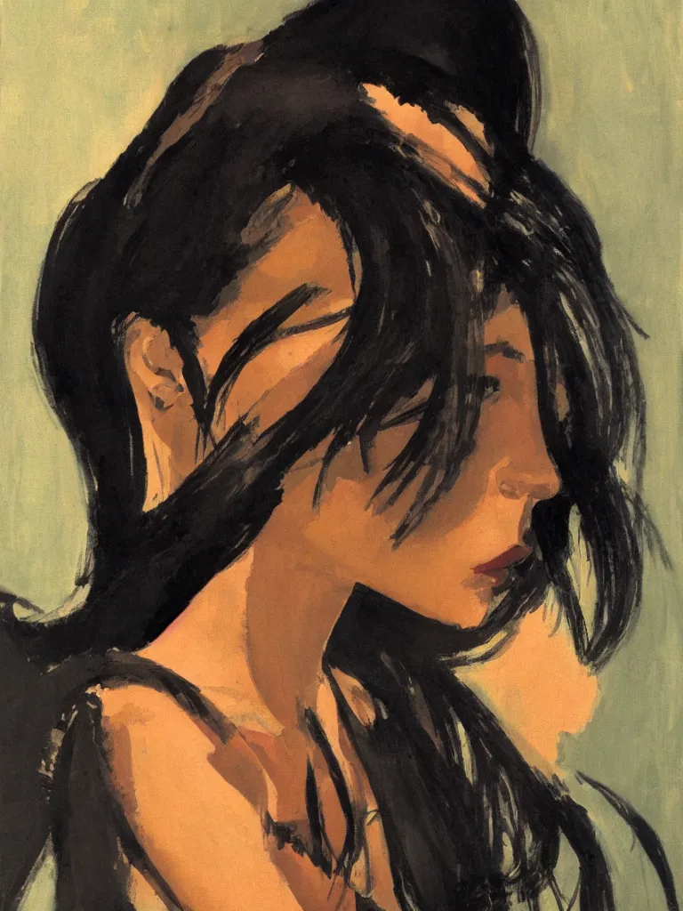 Image similar to portrait profile of one mysterious dark beautiful women in 1 9 7 8, oil painting by john watkiss