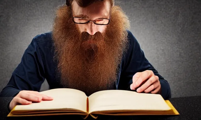 Prompt: A wizard with bond hair and a beard looking at his smartphone at a desk cluttered with tomes