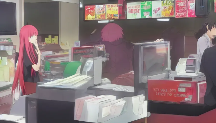 Prompt: Zero Two working the cash register at a rundown 7-Eleven by Ufotable