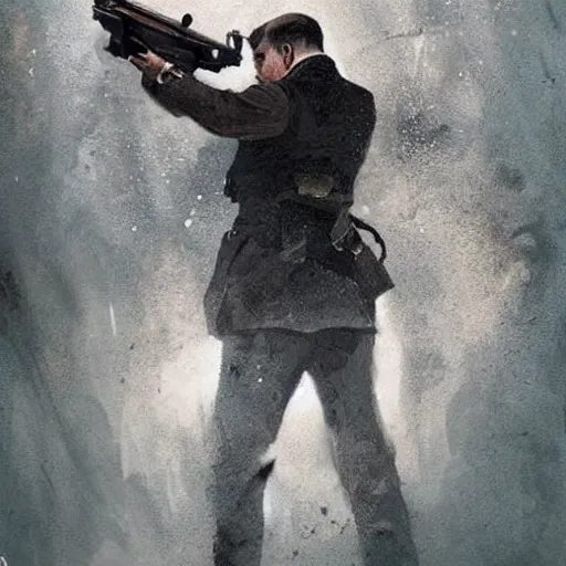 Prompt: adolf hitler holding a gun and shooting himself his head exploded because of the bullet by greg rutkowski