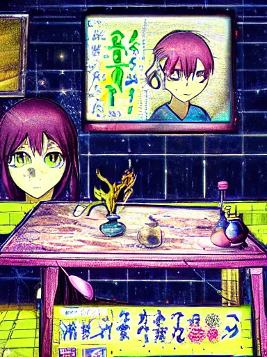 Image similar to anime drawing of a powerful magician in his laboratory. magical artefacts in the table, bushs of flowers growing in the roof and floor