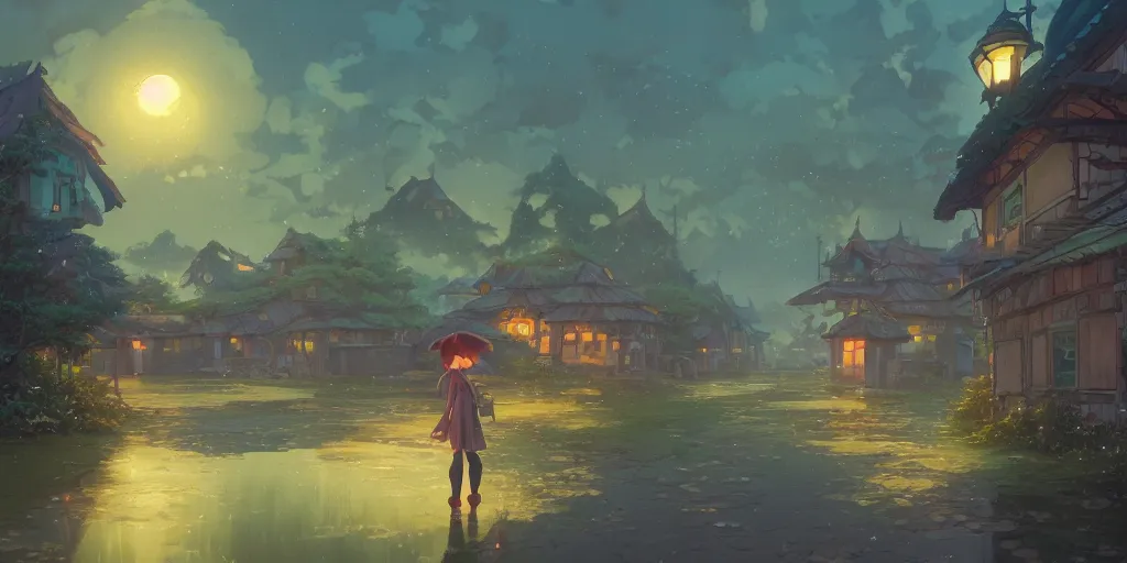 Image similar to background art, small rainy village, fantasy art by greg, loish, rhads, ferdinand knab, tom bagshaw, makoto shinkai and lois van baarle, rossdraws, ilya kuvshinov, night lighting, trending on studio ghibli, highly detailed, 8 k, octane render