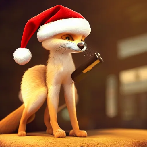 Prompt: cute fennec fox, wearing santa hat, realistic cinematic lighting, establishing action shot, ultra detailed, hyper realism, photo, octane render, 8k, comedy, trending on artstation, set in ww2 germany