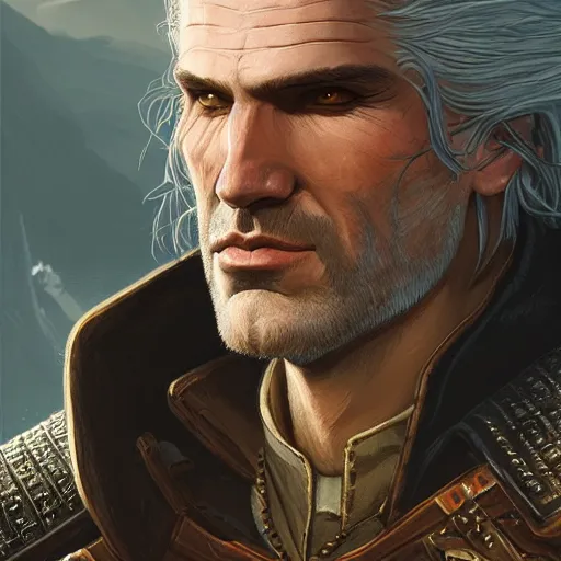 Image similar to closeup of Geralt of Rivia, D&D, fantasy, intricate, elegant, highly detailed, digital painting, artstation, concept art, matte, sharp focus, illustration, hearthstone, art by Artgerm and Greg Rutkowski and Alphonse Mucha