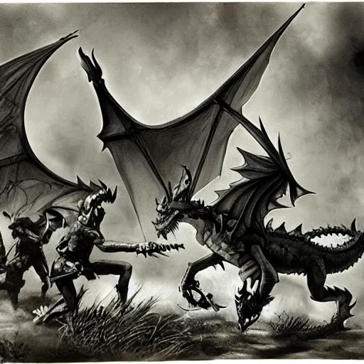 Prompt: fantasy dragons, world war 1, old photograph