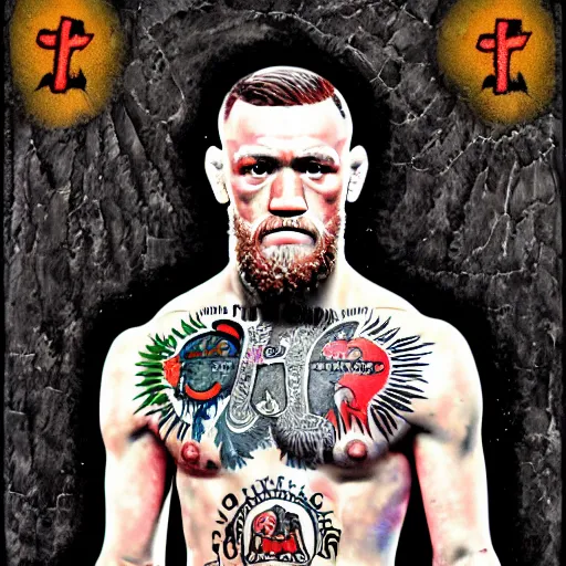 Image similar to conor mcgregor crucified, oil on canvas, digital art, religious, chest tattoo
