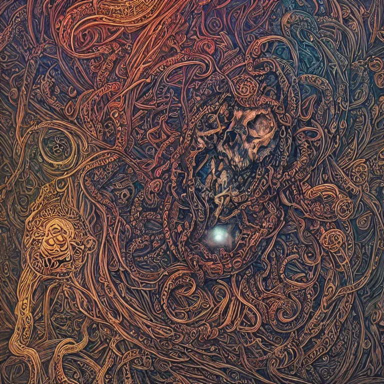 Image similar to a intricate mandala of skulls and flesh and bone with deep and intricate rune carvings and weaving lovecraftian tentacles by dan mumford, space nebula, twirling smoke trails, a twisting vortex of dying galaxies, collapsing stars, digital art, photorealistic, vivid colors, highly detailed, intricate