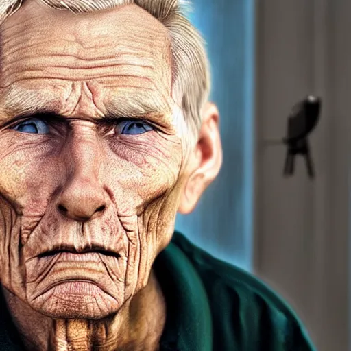 Image similar to A colored colorized real photograph of Jerma985 as an elderly guy, taken in the early 2020s, taken on a 2010s Camera, realistic, hyperrealistic, very realistic, very very realistic, highly detailed, very detailed, extremely detailed, detailed, digital art, trending on artstation, headshot and bodyshot, detailed face, very detailed face, very detailed face, real, real world, in real life, realism, HD Quality, 8k resolution, intricate details, colorized photograph, colorized photon, body and headshot, body and head in view