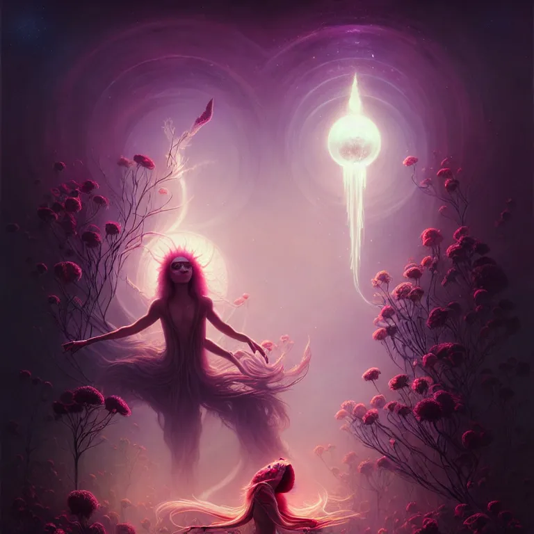 Image similar to skewed in the void of psychedelic, by by peter rohrabacher annatto finnstark. stunning luna goddess of flowers and edible plants, by charlie bowater tom bagshaw, detailed, space art. sparkling atom fractules of skulls and robots deep under the spine, fantasy, surrealist pop painting, and beeple and cgsociety