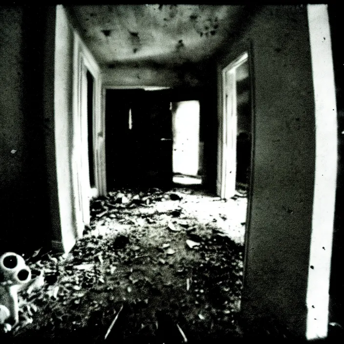 Prompt: unspeakable horrors, nightmare, horror, unknown, dark, liminal space, abandoned house, white eyes, 3 5 mm, found footage, film shot