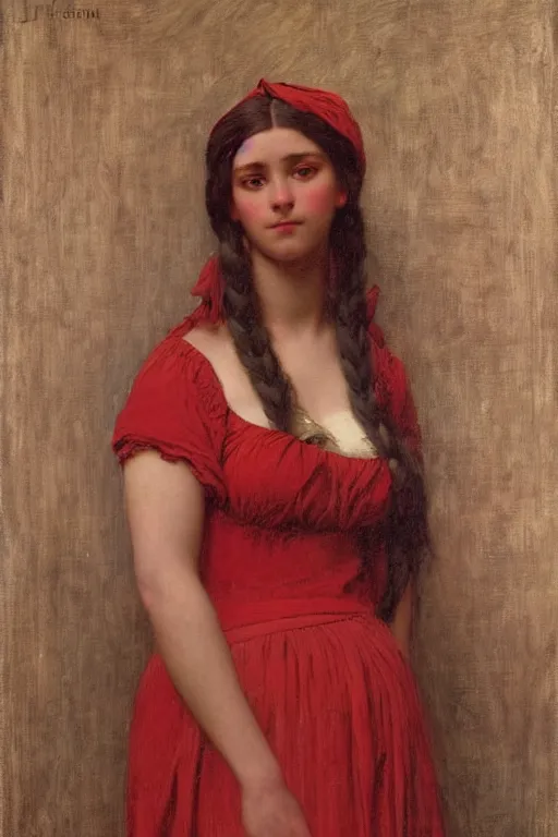 Image similar to John William Godward and Solomon Joseph Solomon and Richard Schmid and Jeremy Lipking victorian genre painting full length portrait painting of a young beautiful woman traditional german french barmaid in fantasy costume, red background