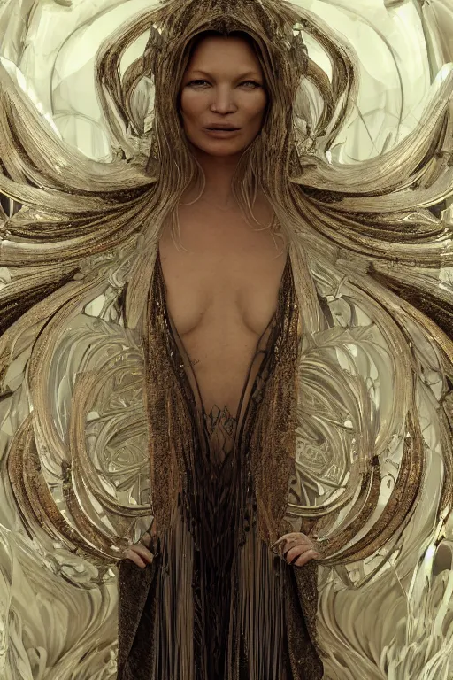 Image similar to a realistic moody portrait photo of a beautiful ancient alien woman goddess kate moss standing in iris van herpen dress jewelery and fractals in style of alphonse mucha art nuvo dmt trending on artstation made in unreal engine 4