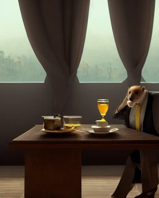 Image similar to a very high resolution image from a new movie, a weasel wearing a suit drinks tea in a shabby chinese room, surrounded by water vapor and dim light summer unreal engine 5, hyper realism, realistic shading, cinematic composition, blender render, octane render, hdr, detailed textures, photorealistic, wide shot