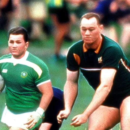 Prompt: photo of forrest gump playing rugby for the irish team