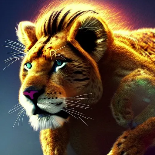 Image similar to mix of puma and jaguar and lion and tiger jumping over a cliff, giant cat monster, 8 k ultra realistic animal, detailed intricate fur, flame in the fur, full of colour, cinematic lighting, battered, trending on artstation, 4 k, hyperrealistic, focused, extreme details, unreal engine 5, cinematic, masterpiece, art by ayami kojima