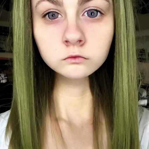 Prompt: brunette with dyed blonde hair, 18 years old, 155 cm tall, flat ironed hair, green big eyes, small nose, small mouth, round shaped face, big forehead, lop eared, full body shot, thin eyebrows, real life photograph