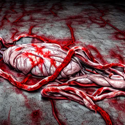 Prompt: a gory structure of intertwined decaying muscles, eyes, and intestines lying in a pool of clotting blood on a cold concrete floor, slowly engulfing its surroundings with twitching intestines, dark hazy room, a high-quality photo, in color