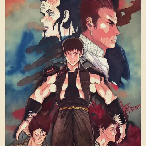 Image similar to vintage movie poster art for tekken by trending pixiv fanbox, watercolor, style of mucha akihiko yoshida takashi stephen bliss kurosawa and agnes cecile 4 k concept art