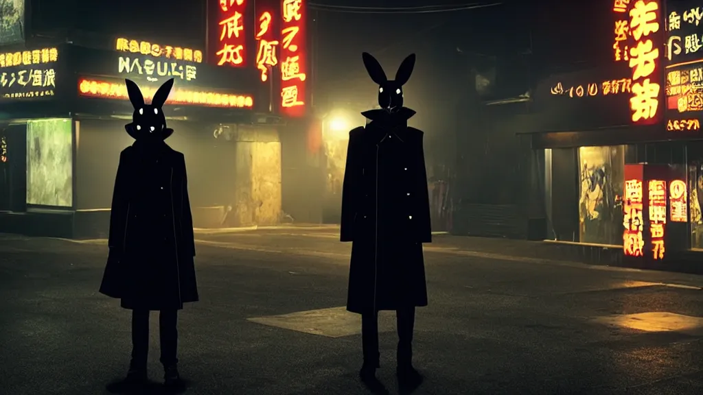 Image similar to a man wearing a black trench coat and black rabbit mask standing outside a night club, anime film still from the movie directed by Denis Villeneuve with art direction by Junji Ito, wide lens