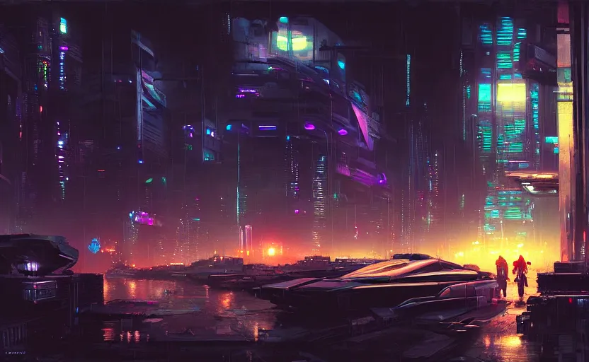 Prompt: a cyberpunk futuristi and cinematic harbour at night by greg ruthkowski and craig mullins