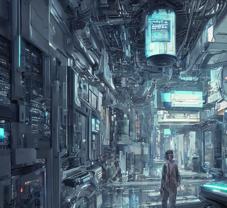 Image similar to hyperrealism stock photography of highly detailed stylish robot in cyberpunk sci - fi style by gragory crewdson and katsuhiro otomo, mike winkelmann with many details by josan gonzalez working at the highly detailed data center by mike winkelmann and laurie greasley hyperrealism stock photo on dsmc 3 system rendered in blender and octane render