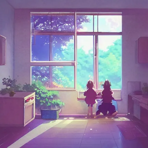 Image similar to incredible, a e s t h e t i c by makoto shinkai kokedama. a beautiful conceptual art harmony of colors, simple but powerful composition. a scene of peaceful domesticity, with a mother & child in the center, surrounded by a few simple objects. colors are muted & calming, serenity & calm.