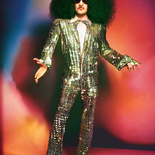 Prompt: uhd candid photo of disco stu wearing disco suit, intricate disco costume. photo by annie leibowitz