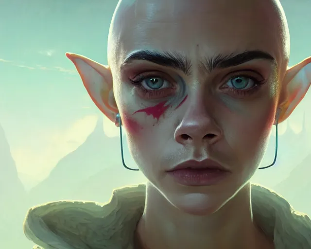 Image similar to highly detailed portrait of cara delevingne as a bald elf, in gta v, stephen bliss, unreal engine, fantasy art by greg rutkowski, loish, rhads, ferdinand knab, makoto shinkai and lois van baarle, ilya kuvshinov, rossdraws, tom bagshaw, global illumination, radiant light, detailed and intricate environment