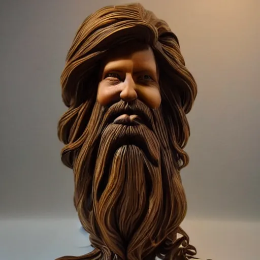 Image similar to a flawless, purely wood sculpture of a man with long hair, with trimmed beard, smiling widely. wood statue, extremely detailed, award-winning art, trending on Artstation