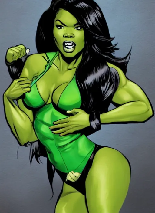 Image similar to Actress Gabrielle Union as She-Hulk, poster framed, comic pinup style, highly detailed, artstation, illustration, posterized, Gene Espy, Peter Temple, George Sportelli, Mitch Foust, Mike Hoffman, Garrett Blair, Mark Brown, Alex Miranda, Michael Bair, Eric Parker, Gene Espy, Mitch Foust, Peter Temple, Eric Parker, David Miller, Alex Miranda, Jay Fife, Brendon Fraim, David Bancroft, Al Rio, Mark Brown, Brian Fraim , Joe Rubinstein, Josh Templeton, Quinton Hoover, Eric Parker, Jim Sandersv Kevin Conrad, Michael Bair, Bob Layton