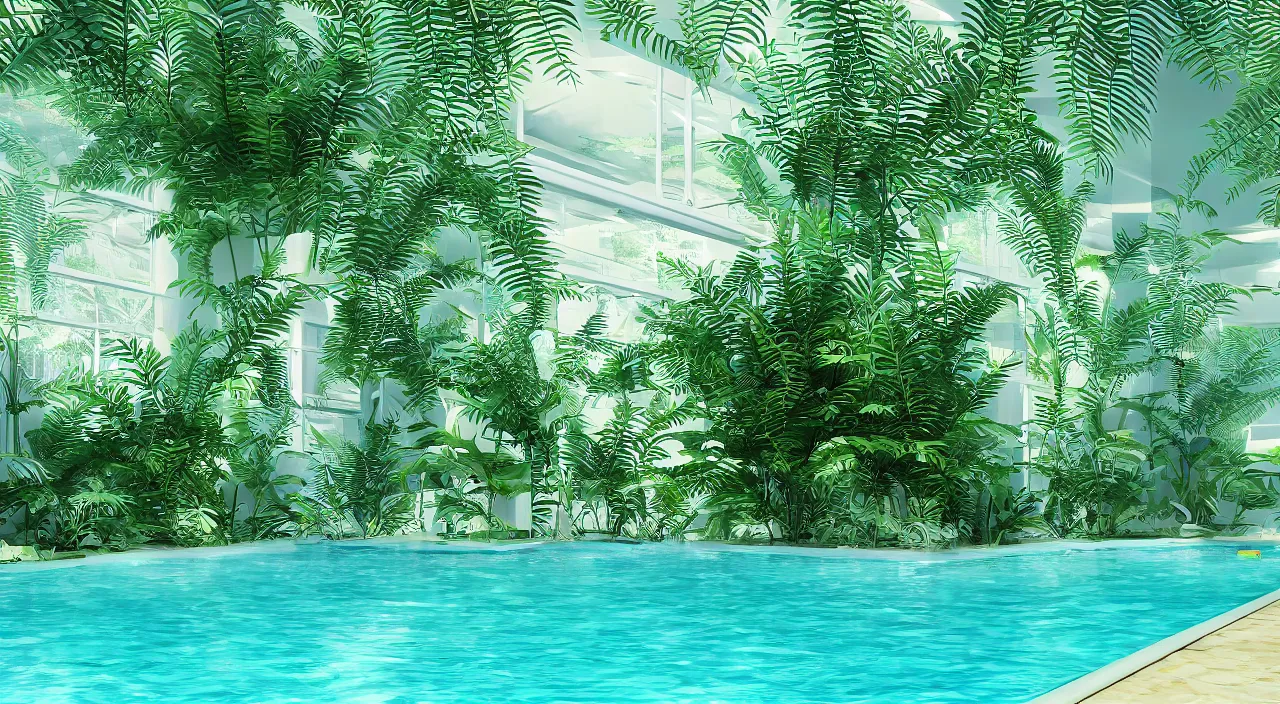 Image similar to 3d render of indoor pool with ferns and palm trees, pool tubes, chromatic abberation, depth of field, 80s photo,