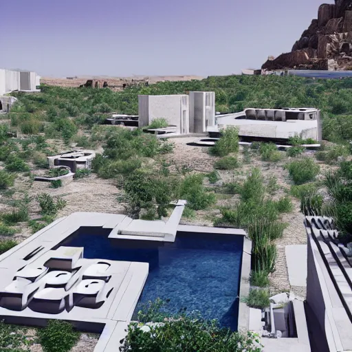 Image similar to architectural rendering of habitat 6 7 in the desert, biophilia mood, pool, garden, highly detailed, cinematic,