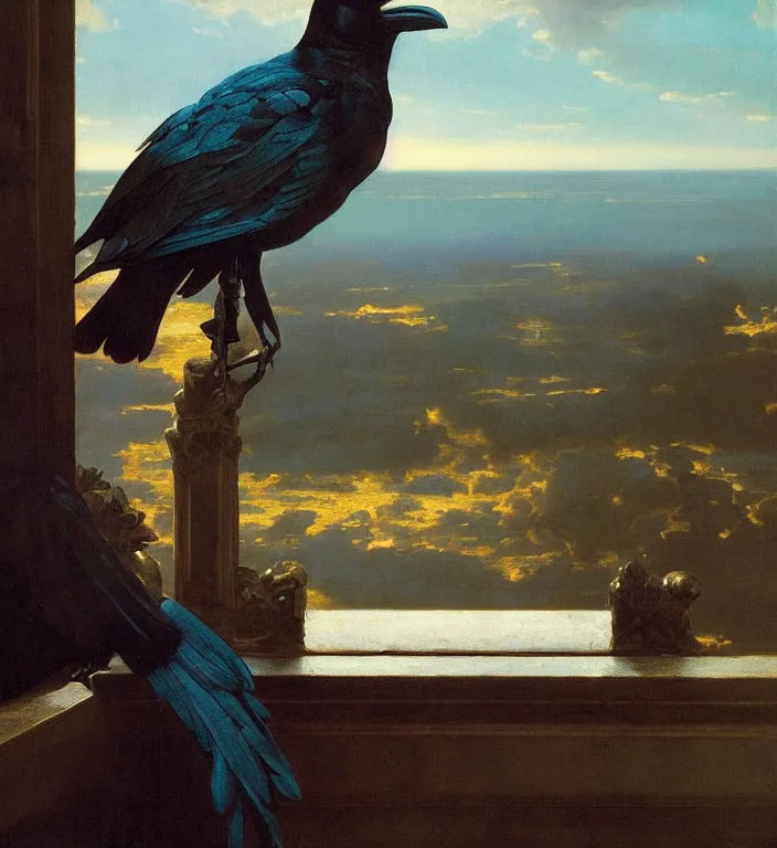 Prompt: a beautifully photoreal clear detailed victorian portrait of a close up raven on a victorian windowsill with an ornate velvet dark teal curtain at beautiful sunset daytime nature sunlit painting by frederic leighton and turner and morris and rosetti, 8 k, octane render