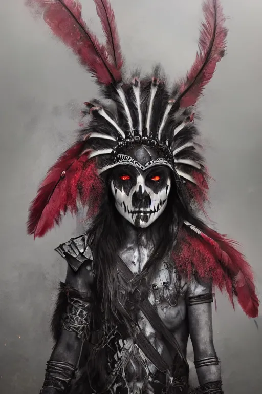 Image similar to the ghost - spirit of the grim - warpaint wears the scarlet skull armor and native blood headdress feathers, midnight fog - mist!, dark oil painting colors, realism, cinematic lighting, various refining methods, micro macro autofocus, ultra definition, award winning photo