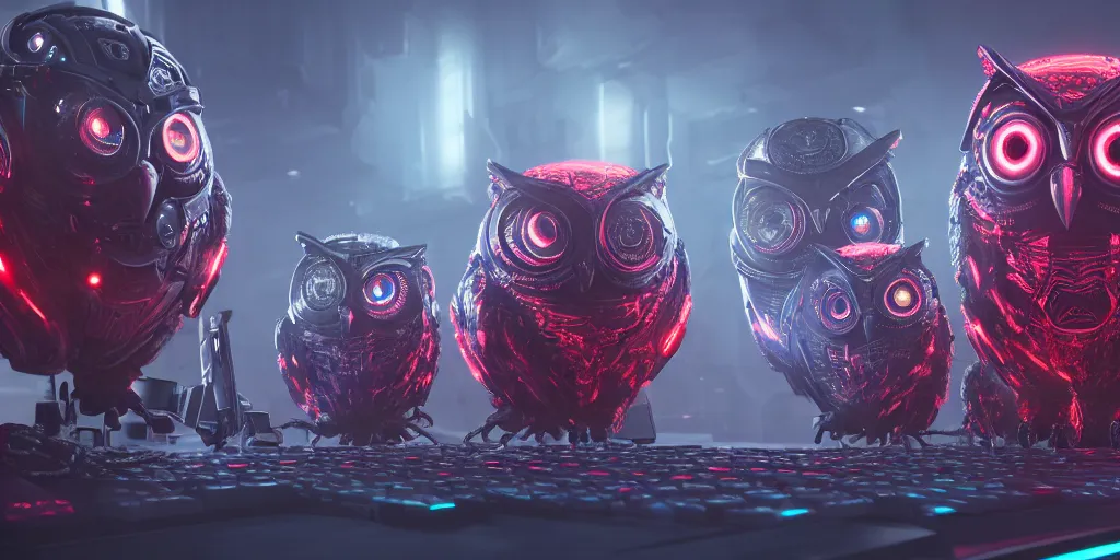 Image similar to an giant evil, malevolent, cyborg owls looking at a computer, surrounded by computer screens. this 4 k hd image is trending on artstation, featured on behance, well - rendered, extra crisp, features intricate detail and the style of unreal engine. volumetric lighting octane render