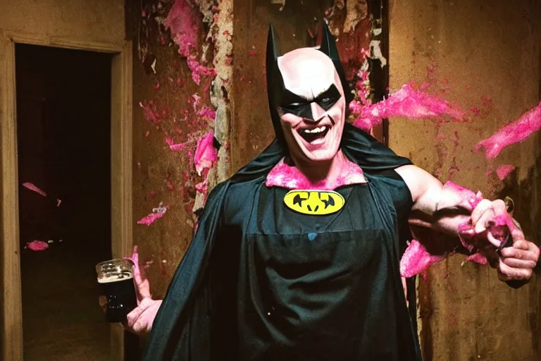 Image similar to michael keaton batman covered in beer wearing pink apron wielding an axe, chasing through old brown decrepit hallway, creepy smile, atmospheric eerie lighting, photorealistic face, dim lighting, bodycam footage, motion blur, photograph