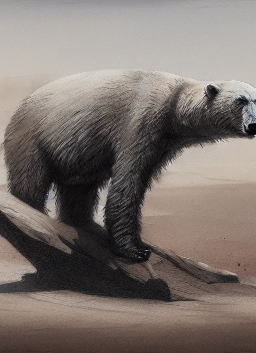 Image similar to dying polar bear on a desert, by greg rutkowski, trending on artstation, masterpiece, charcoal pencil