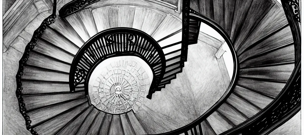 Image similar to a spiral staircase inside a tall circular tower. engraving by gustave dore, kentaro miura. extremely high details, masterpiece, artstation contest winner, black and white, smooth lines, realism, realistic